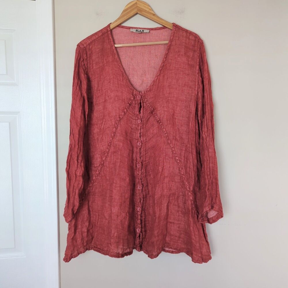 Flax Red 100% Linen Long Sleeve Oversized Button Down Top Slouchy Lagenlook LG